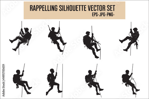 Mountain Climbing & Rappelling Silhouettes – Extreme Sports Vector Icons.