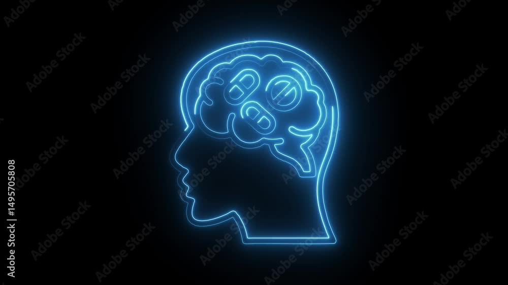 Neon brain with pills futuristic mental health medication treatment concept animation Neon brain with pills futuristic mental health medication treatment concept animation
