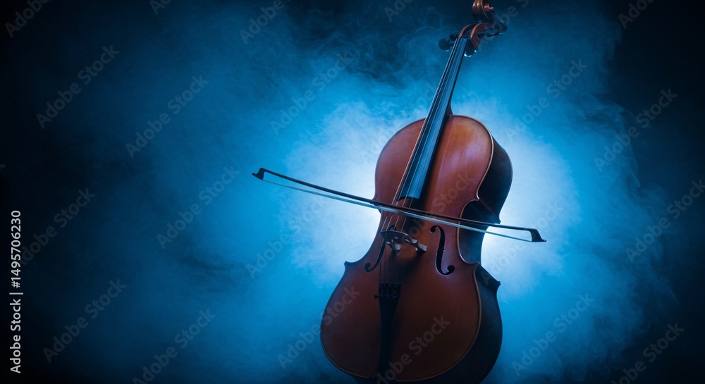 Fototapeta premium Captivating cello illuminated by a blue spotlight against a smoky, atmospheric backdrop creating a dramatic musical ambiance