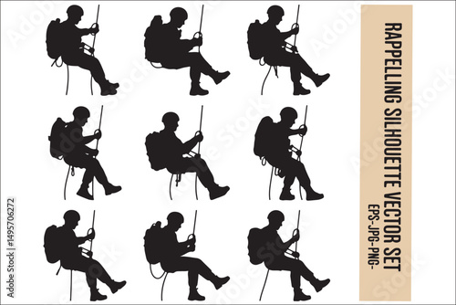 Mountain Climbing & Rappelling Silhouettes – Extreme Sports Vector Icons.