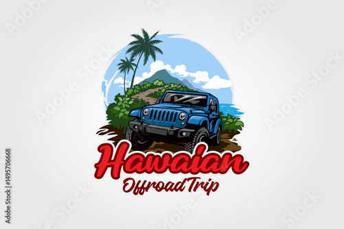 Hawaiian Off road Trip Vector Logo Template. Off Road car logo along the coast and hills.