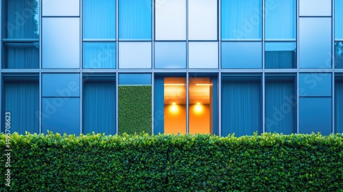 Illuminated Modern Building Facade with Green Hedge