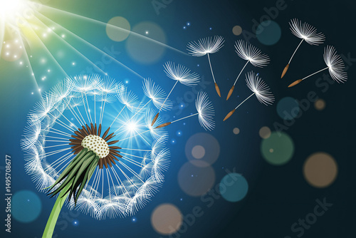 Glowing blue dandelion with sparkling seeds dispersing in a magical digital illustration against a bokeh background

