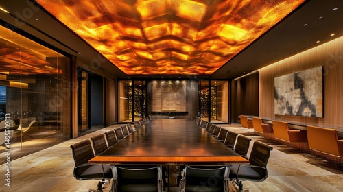 Luxury Conference Room Interior with Dramatic Lighting and Wine Cellar