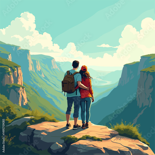 Adventurous Couple's Travel Vista: Inspiring vector art of husband and wife embracing on a scenic overlook. Breathtaking landscape, travel illustration, vibrant colors, Husband Appreciation Day,
