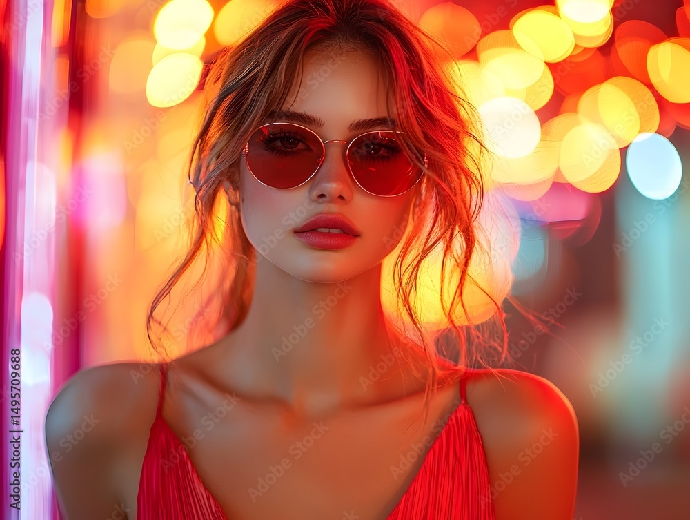 Obraz premium A confident woman in a sleek red dress city lights reflecting in her sunglasses