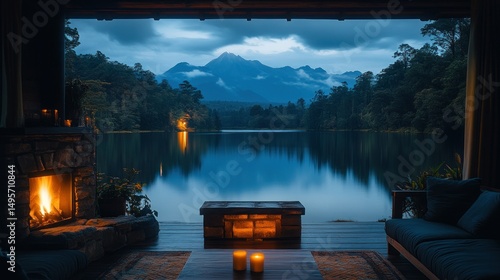 Lakeside cabin with fireplace and mountain view