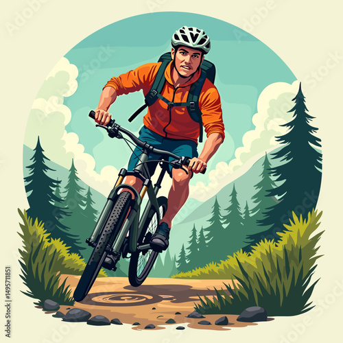 Weekend Warrior: Active Husband Hiking in Nature. Energetic Vector Graphic of Outdoor Adventure. Passionate Man Enjoying Fitness. Bold Colors, Dynamic Action Illustration. Husband's Healthy Lifestyle.