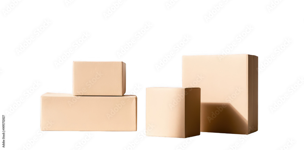 Obraz premium Beige cardboard boxes stand on the table against a white background, png, transparent