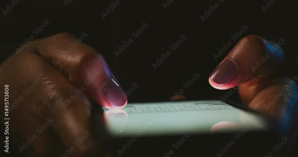 Night, phishing and hands typing with phone for texting, internet crime and person with digital fraud. Password, cybersecurity and hacker with smartphone for online scam, dark web crypto and risk