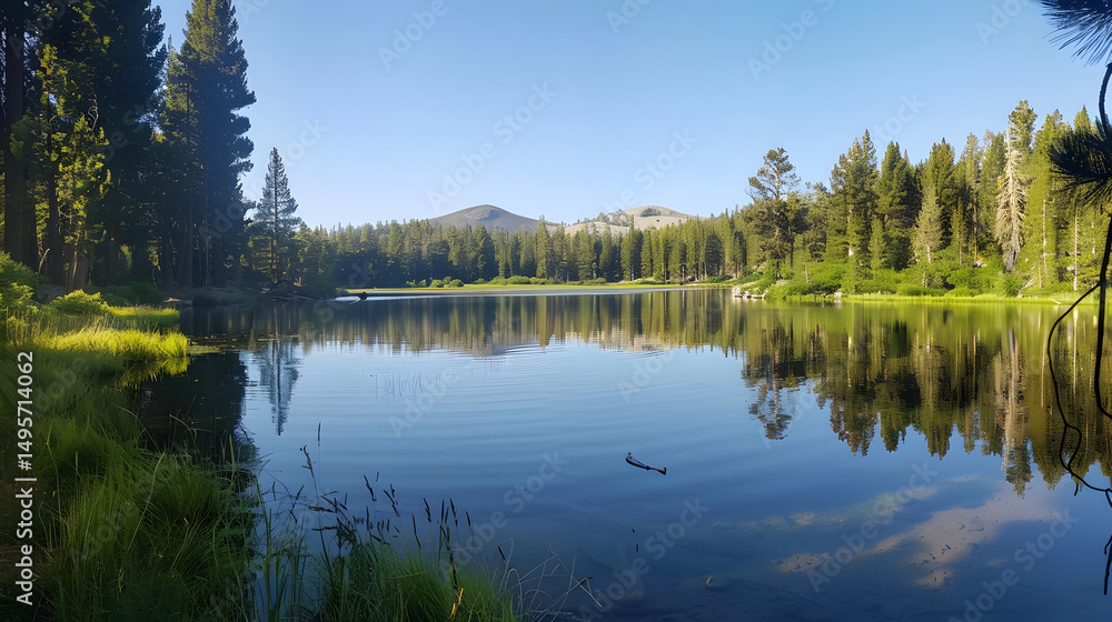 A serene lake surrounded by tall trees reflecting on the water under a clear blue sky in daylight A serene lake surrounded by tall trees reflecting on the water under a clear blue sky in daylight