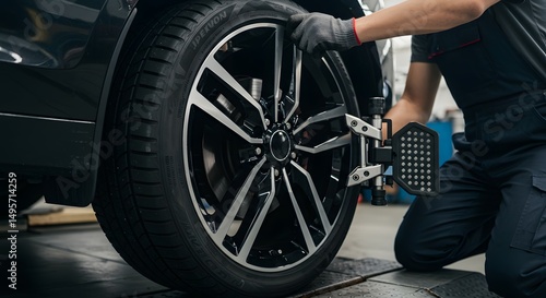 Professional Mechanic Performing Wheel Alignment and Balancing on a Modern Car