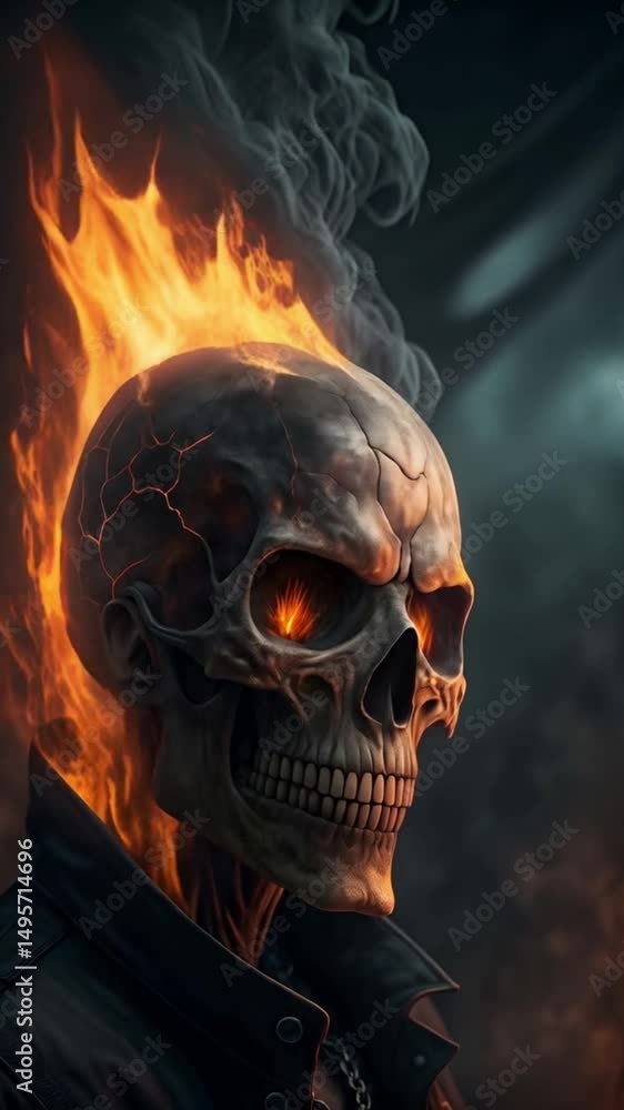 Gruesome flaming skull head with dark smoke and glowing burning eyes Gruesome flaming skull head with dark smoke and glowing burning eyes