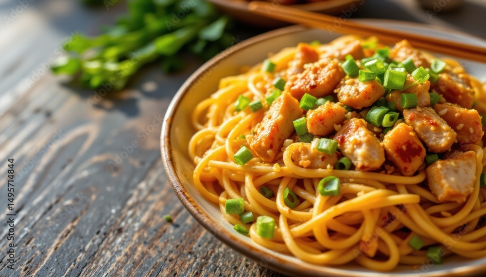 a vibrant and appetizing image of savory asian noodles with chicken, green onions, and sesame seeds, in sunlit gold tones a vibrant and appetizing image of savory asian noodles with chicken, green onions, and sesame seeds, in sunlit gold tones