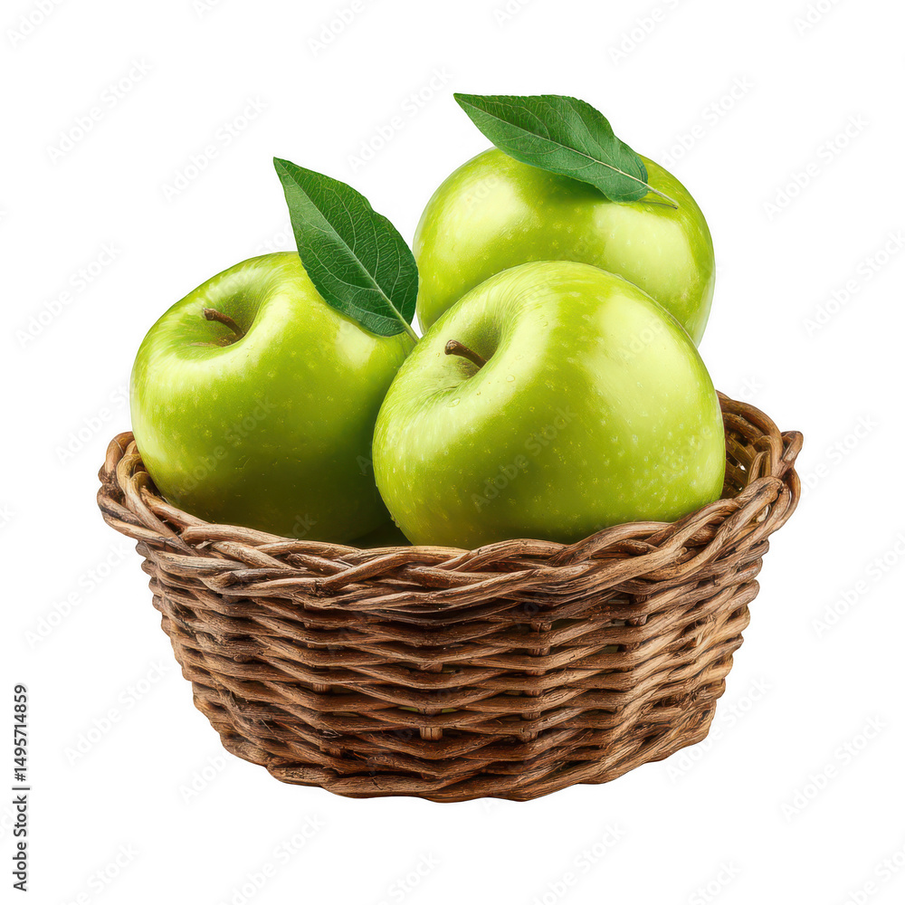 Green apples in a basket, isolated on a white background, png, transparent Green apples in a basket, isolated on a white background, png, transparent
