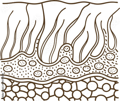 cross sectional illustration of skin layers, epidermis and dermis structure with detailed cells