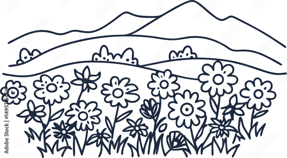 Fototapeta premium Black and white floral landscape illustration with mountains and wildflowers