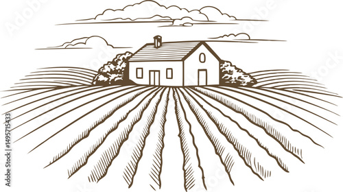 rustic farmhouse illustration with vast fields countryside landscape, agriculture, rural tranquility