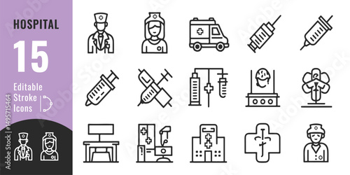 
Hospital Line Icon Set – Editable Thin Outline Medical Symbols for Healthcare, Emergency, and Treatment UI
