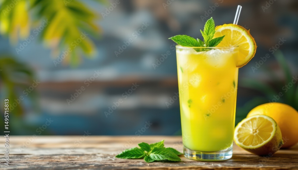 Fototapeta premium subject: refreshing tropical drink with coconut garnish, copy space at the bottom: vibrant lime tones, optimized for photo use