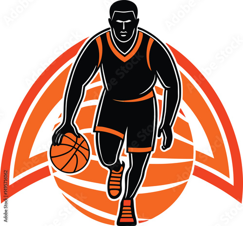 Illustration of a basketball player dribbling with an orange ball and orange background design element