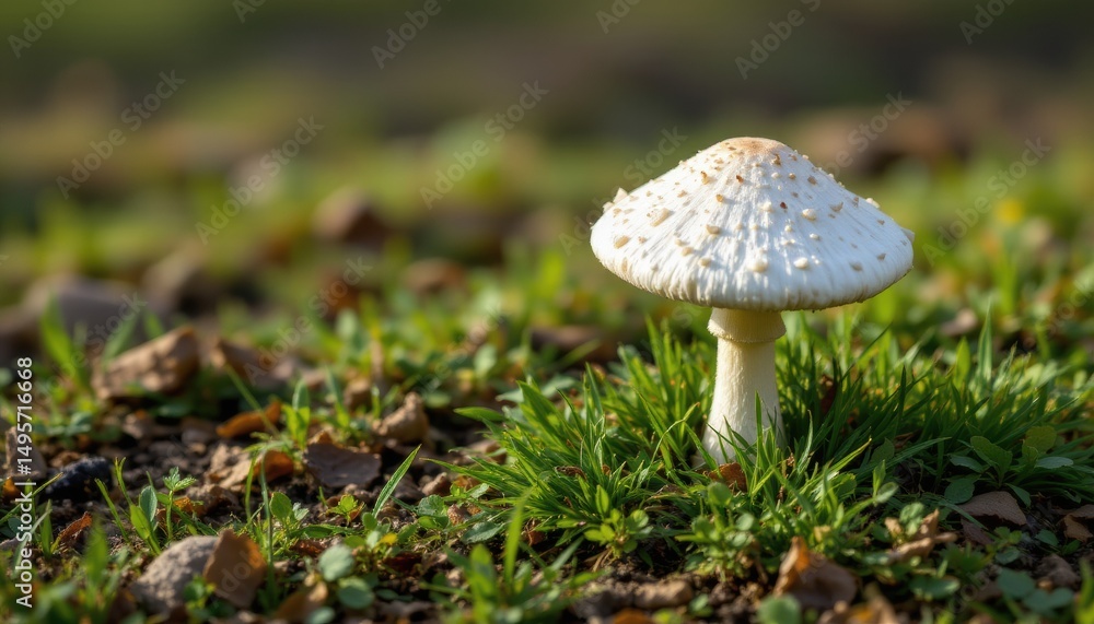 create an illustration featuring a white mushroom growing on grassy ground, the subject of the image should be the mushroom create an illustration featuring a white mushroom growing on grassy ground, the subject of the image should be the mushroom
