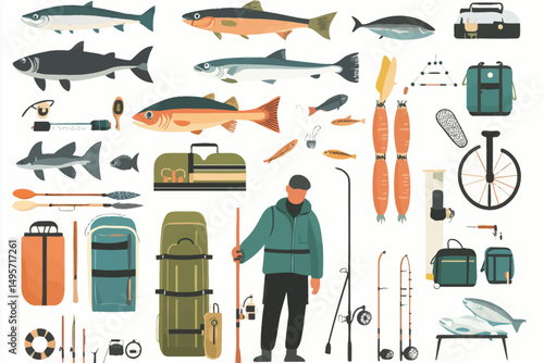 Complete fishing and outdoor adventure gear collection with fish species, equipment, and angler. Perfect for sporting goods, tourism, and recreational lifestyle designs