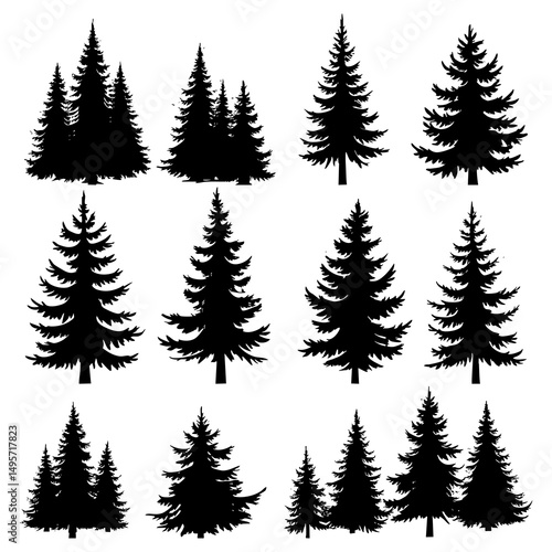 Seamless pattern of hand-drawn black fir trees on a light gray background.