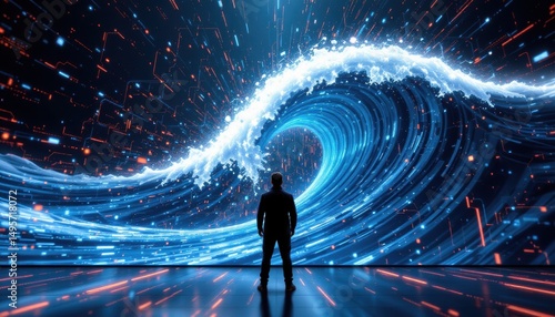 create a futuristic 3d photo featuring a dynamic abstract background with points and lines and a big wave of big data