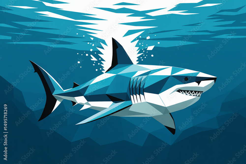 Fototapeta premium Stylized great white shark in vibrant low-poly geometric design swimming through deep blue ocean with water splash