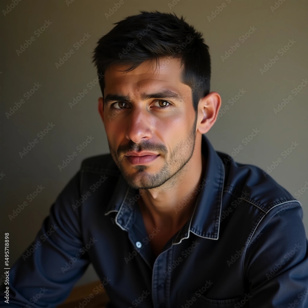 Fototapeta premium A young man from Chechnya sits in a calm setting, gazing directly at the viewer with an intense expression Generative AI