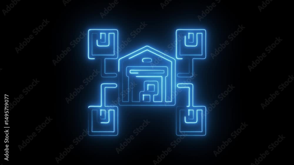 Luminous blue neon warehouse connected to shipping boxes supply chain logistics Luminous blue neon warehouse connected to shipping boxes supply chain logistics
