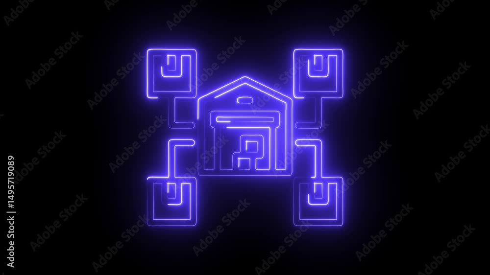 Neon style warehouse logistics network animation delivering packages and products globally Neon style warehouse logistics network animation delivering packages and products globally