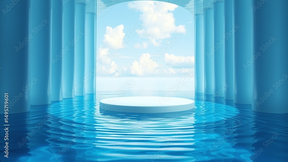 Fototapeta premium minimalistic water-themed stage with a white circular platform - artificial intelligence