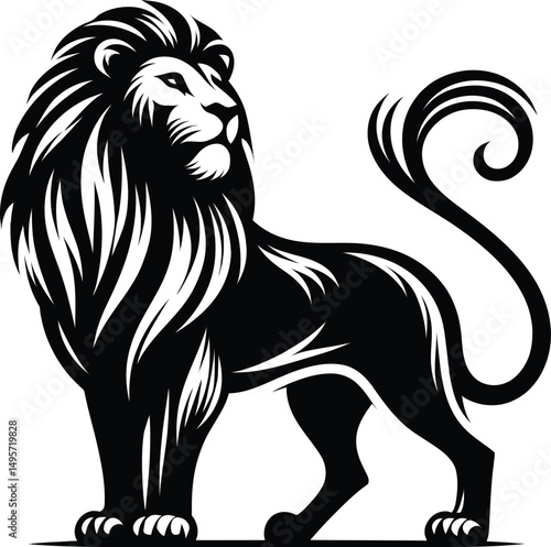 A stylized black and white illustration of a lion