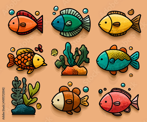 Colorful cartoon fish and marine life collection with coral, seaweed and aquarium elements. Perfect for educational materials, children's books, and ocean-themed designs
