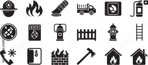 Fire Safety Icons Set Black Glyph Style