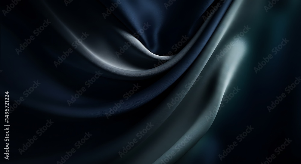 Fototapeta premium Abstract Flowing Silk Fabric in Deep Navy Blue, Metallic Silver, and Smoky Teal with Soft Directional Lighting for a Luxurious and Moody Aesthetic