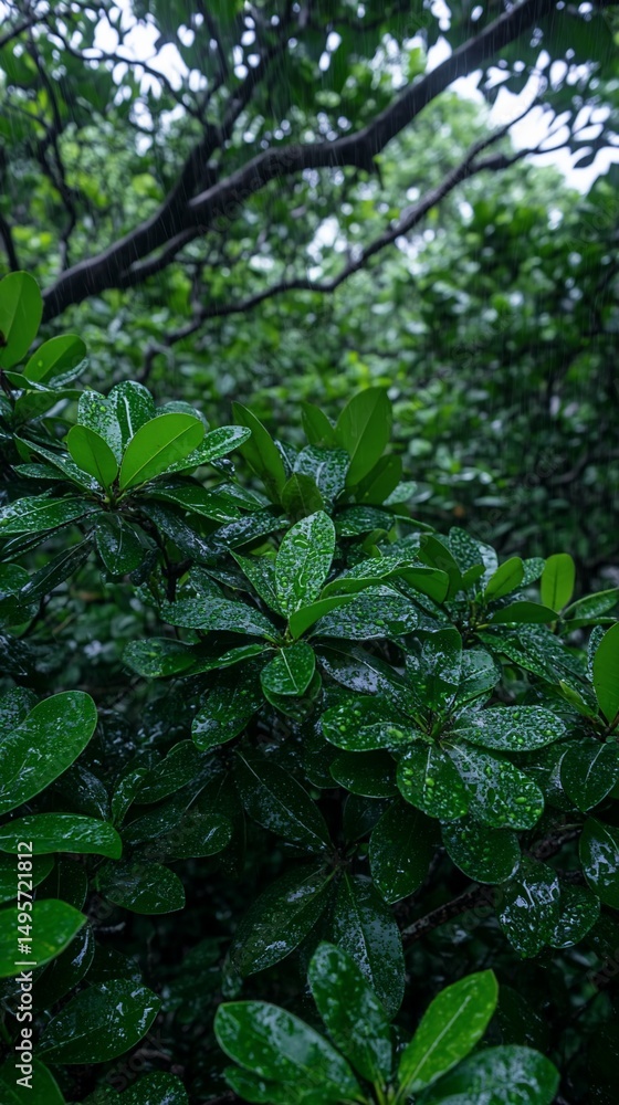 Obraz premium Lush, rain-soaked foliage fills the frame, with dark green leaves glistening under a canopy of trees