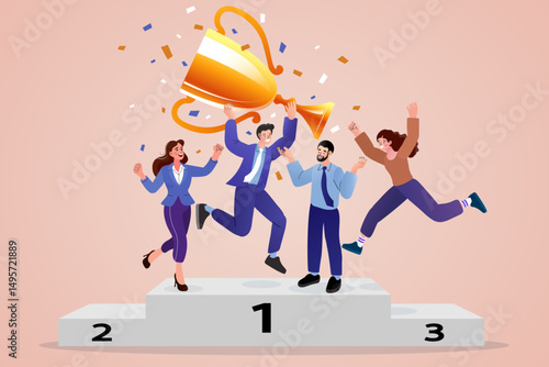 Happy business team celebrating first place on a podium holding a giant golden trophy. A concept of leadership success, corporate championship, and being number one in the competitive market.