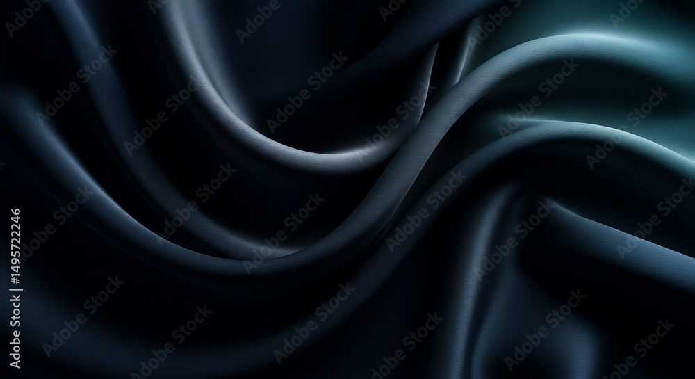 Abstract Flowing Silk Fabric in Deep Navy Blue, Metallic Silver, and Smoky Teal with Soft Directional Lighting for a Luxurious and Moody Aesthetic Abstract Flowing Silk Fabric in Deep Navy Blue, Metallic Silver, and Smoky Teal with Soft Directional Lighting for a Luxurious and Moody Aesthetic
