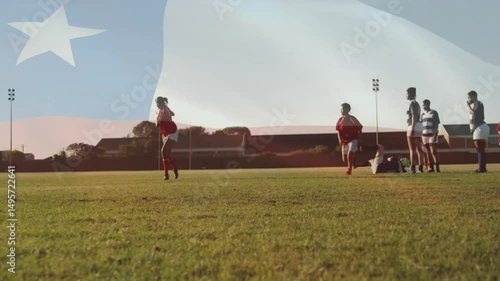 Rugby player catching high kick after tackle, starting breakaway under Texas overlay to gain ground