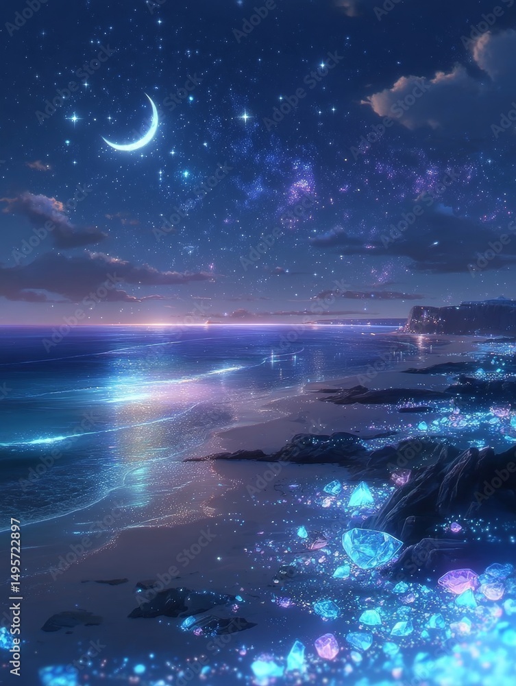 Obraz premium A serene night scene with a crescent moon and glowing rocks by the seaside