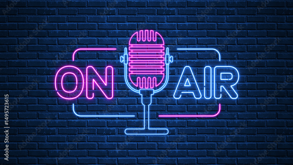 Obraz premium neon lights on air text on blue brick wall, live podcast streaming and broadcasting social media design element 