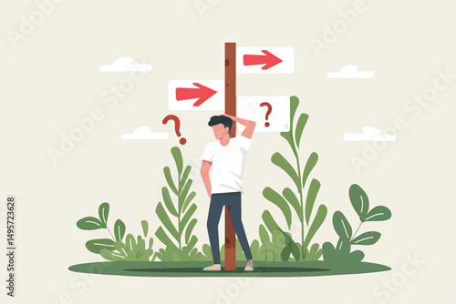 A young man stands at a crossroads, contemplating his options, unsure of which path to choose.