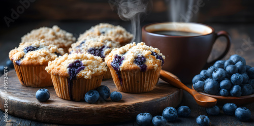 Blueberry Muffins and Coffee on a Rustic Wooden Table with Berries