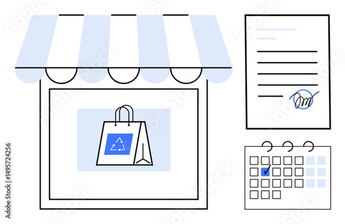 Storefront with eco-friendly shopping bag, signed agreement, and marked calendar. Ideal for retail, eco-commerce, sustainability, agreements, planning, events scheduling flat simple metaphor
