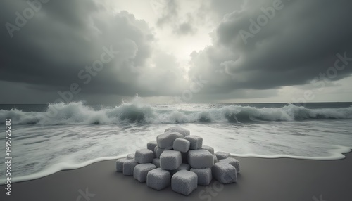 Cube Pile on Beach Under Dramatic Sky