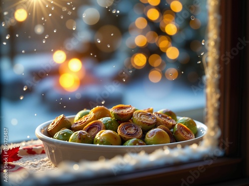 A bowl of roasted Brussels sprouts sits on a windowsill, with festive lights and a cozy winter scene outside. photo