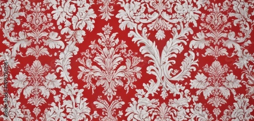 Bold red damask, white backdrop, classic wallpaper texture, room, scroll, antique
